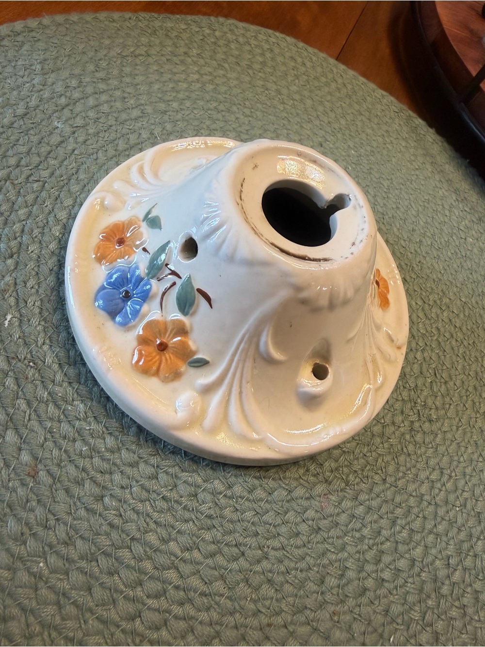 Vintage Floral Ceramic Light Fixture Canopy - Cream with Blue & Orange Flowers